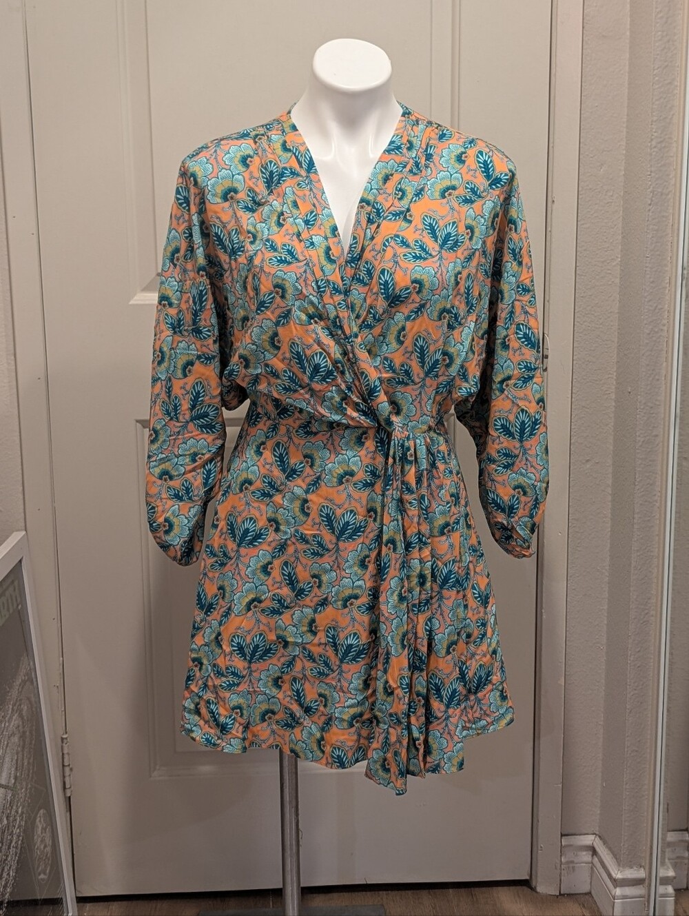 NKN Nekane Viscose Floral Wrap Dress in Peach & Teal Medium